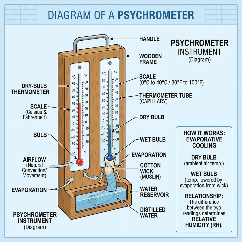 Wooden psychrometer with dry and wet bulb thermometers showing temperature readings