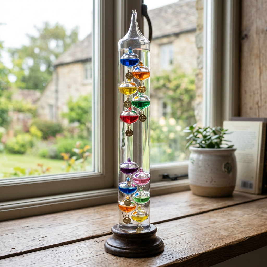 Galileo thermometer with colorful floating bulbs on wooden base on windowsill