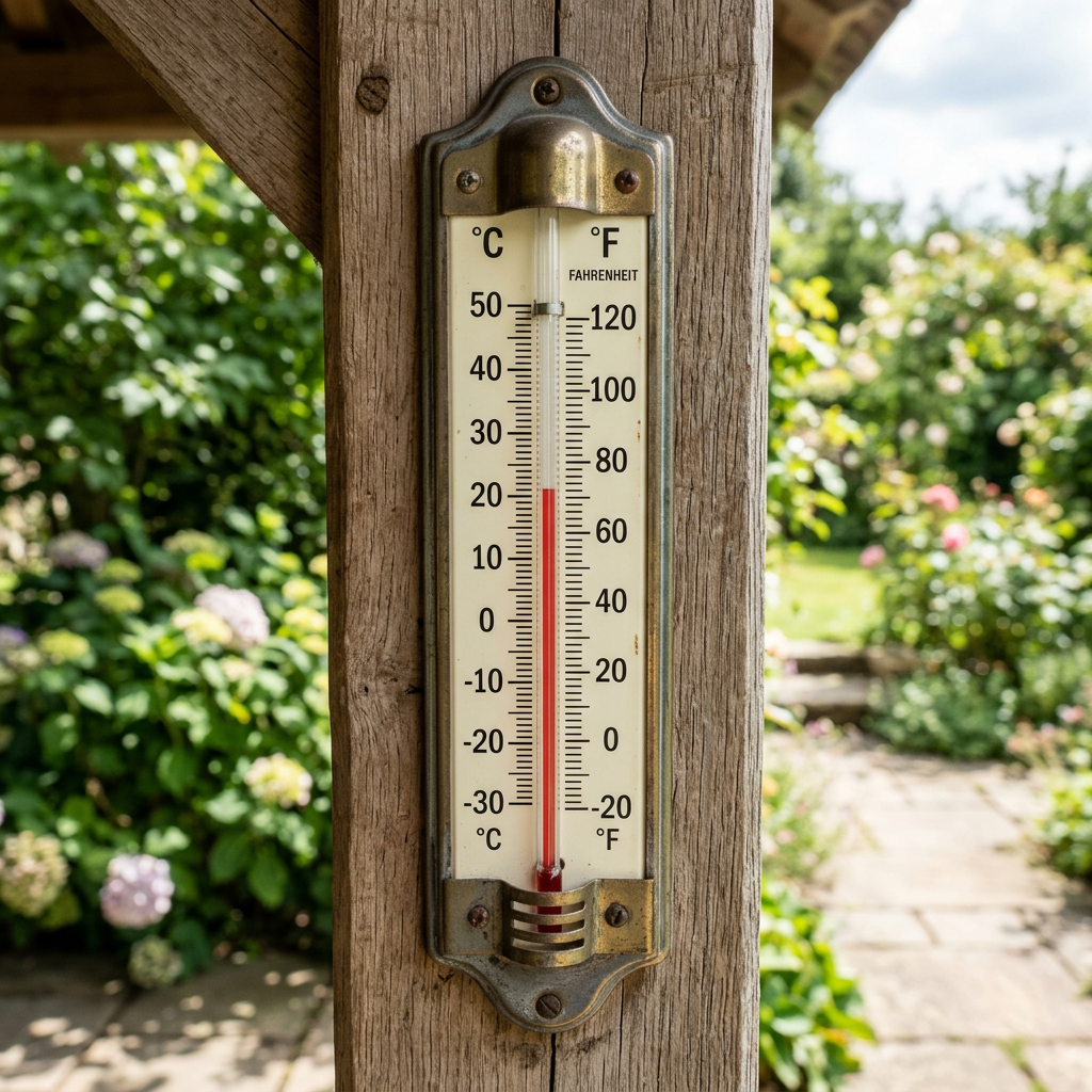 Outdoor thermometer with Celsius and Fahrenheit scales mounted on wooden post