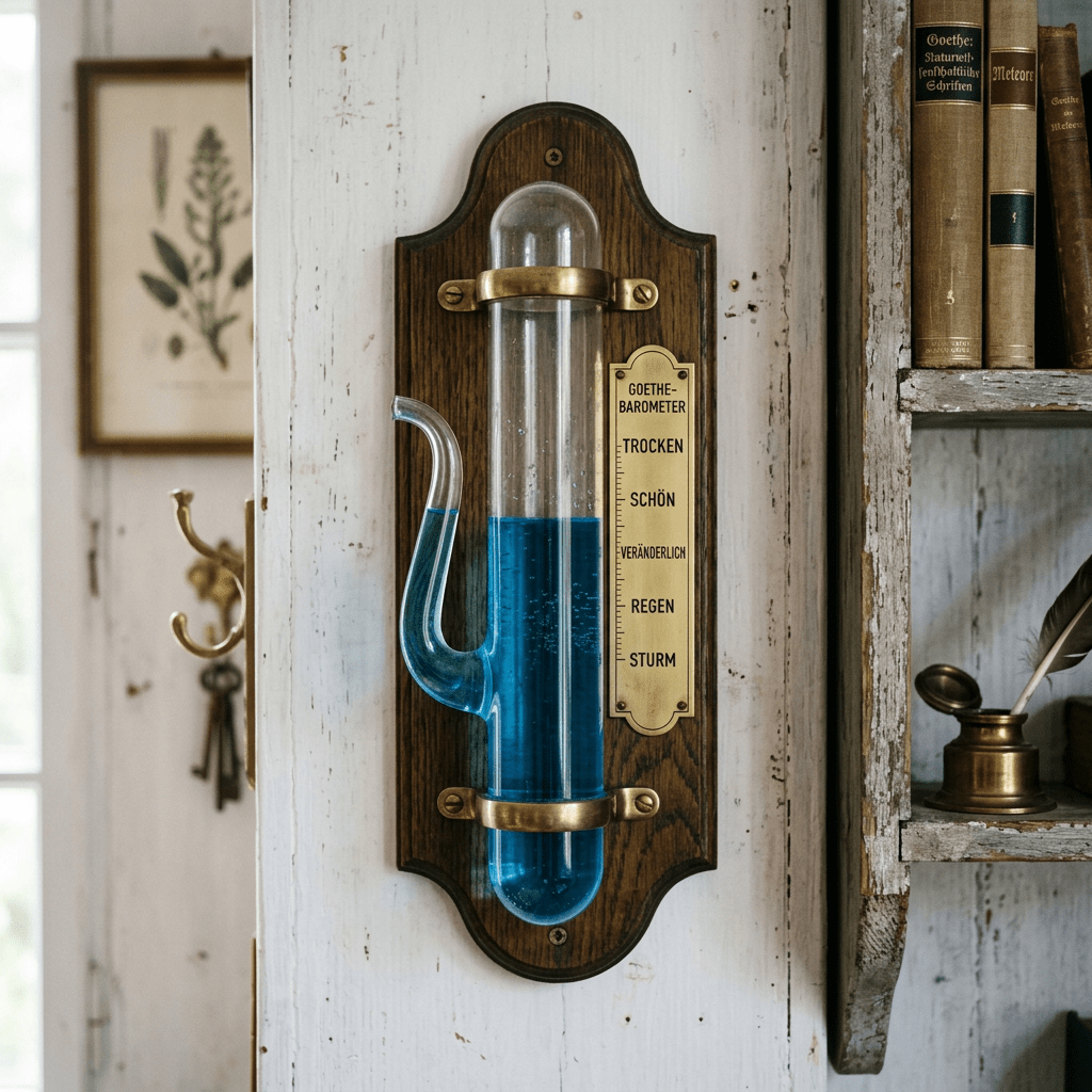 Goethe barometer with blue liquid on wooden mounting with weather indicators