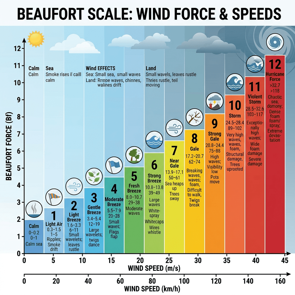 Beaufort scale chart showing wind force and speed categories from calm to hurricane