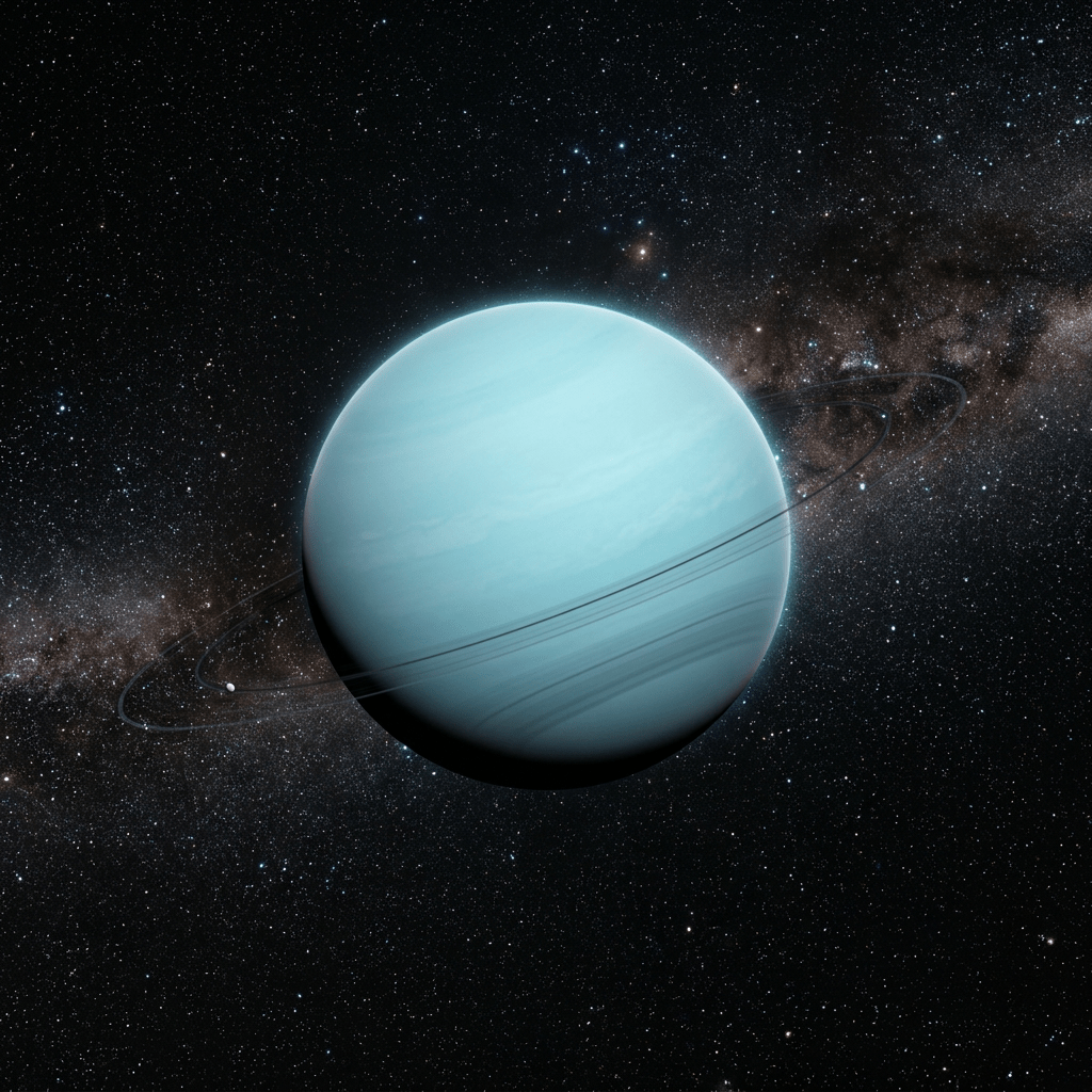 Blue gas giant planet with thin rings against star-filled space background